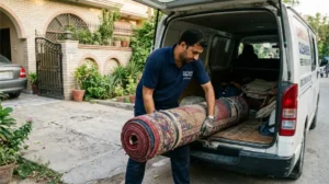 Area rug being picked up for off site washing in Lahore