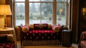 Bridal Dewan set with velvet upholstery protected from monsoon humidity in Lahore