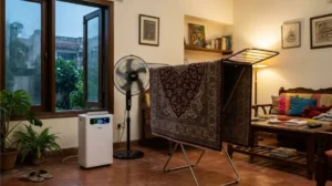 Carpet drying with a dehumidifier and fan during Lahore monsoon season