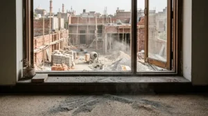 Cement dust from a Lahore construction site drifting indoors and settling on carpet.