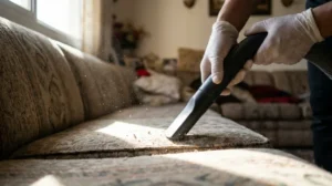 Close up of dry vacuuming a dewan cushion before wet cleaning
