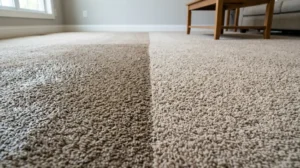 Comparison of a carpet section after hot water extraction versus dry foam cleaning