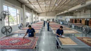 Controlled flat drying of Persian rugs on mesh racks at Pakcleaners Lahore facility