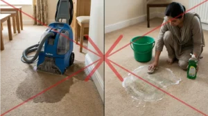 DIY carpet cleaning mistakes showing over wetting and detergent residue damage in Lahore.