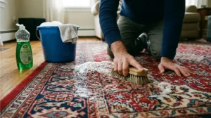 DIY mistake scrubbing Persian rug with harsh detergent causing pile damage in Lahore home
