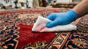 Dye bleed test during Persian rug cleaning Lahore showing colour transfer on white cloth