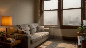 Fabric sofa exposed to smog dust near a Lahore living room window