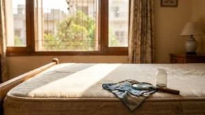 Fine dust and dust mite particles visible on a bare mattress in a Lahore bedroom with sunlight.