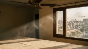 Fine dust particles floating in sunlight above wall to wall carpet in a Lahore home.