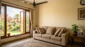 Freshly cleaned sofa drying with fan and open window in Lahore