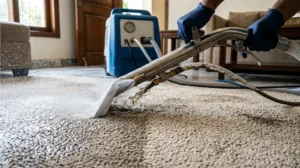 Hot water extraction wand cleaning wall to wall carpet at high pressure in a Lahore home.