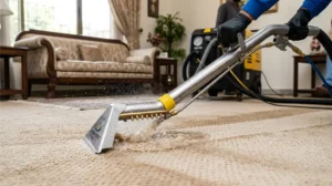 Hot water extraction wand removing enzyme residue from carpet after pet odour treatment.