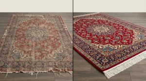 Machine washed Persian rug damage compared to professionally cleaned hand knotted rug in Lahore