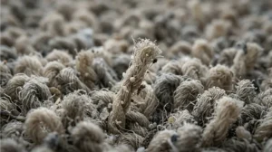 Macro view of dust particles and mite debris trapped between wall to wall carpet fibres.