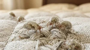 Macro view of microscopic dust mites in mattress damask fibers and upholstery seams