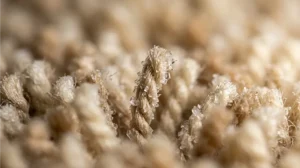Macro view of uric acid crystals bonded to carpet fibres from dried pet urine.