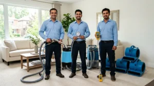 Pak Cleaners technicians with professional carpet extraction equipment in a Lahore home.