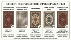 Persian rug cleaning Lahore price guide comparing wool silk and synthetic rug costs in PKR