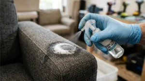 Pre treating a stain on a sofa armrest before deep cleaning