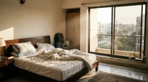 Sunlight revealing ambient bedroom dust settling into mattress fabric in an urban home