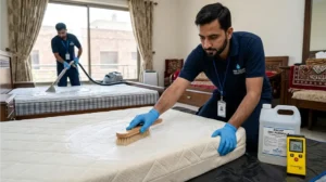 Technician applying low moisture encapsulation solution to a memory foam mattress in Lahore.