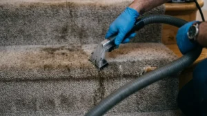 Technician cleaning carpeted stairs edge and riser in a Lahore home