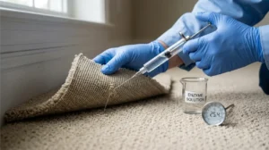 Technician injecting enzyme solution into carpet backing for pet urine odour removal in Lahore.