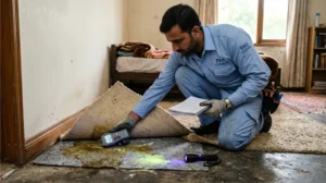 Technician inspecting stained underlay beneath carpet during severe pet odour assessment in Lahore.