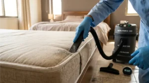 Technician using HEPA vacuum crevice tool along mattress seam to remove dust and allergens.