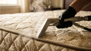 Thermal dry steam wand sanitizing embedded allergens and dust mites in mattress quilting