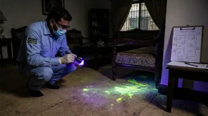 UV blacklight revealing hidden pet urine stains on carpet in a darkened Lahore room.