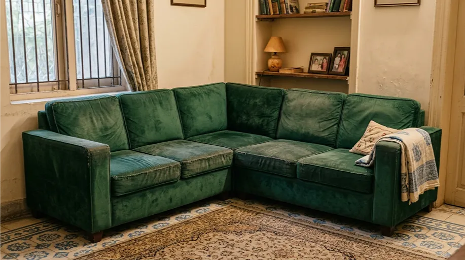 Velvet Corner Sofa Deep Cleaned and Restored - Before