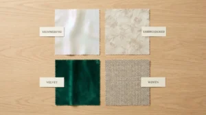 Viscose, silk blend, velvet, and cotton polyester fabric swatches used in Pakistani sofas