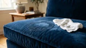 Water ring and flattened pile on a velvet sofa caused by overwetting during cleaning.