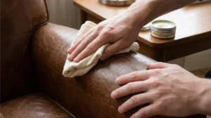 applying leather conditioner to sofa armrest